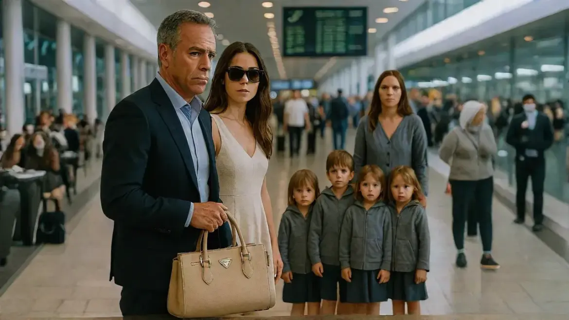 At airport with mistress, billionaire carried her bag! Then his wife arrived holding his quadruplets…